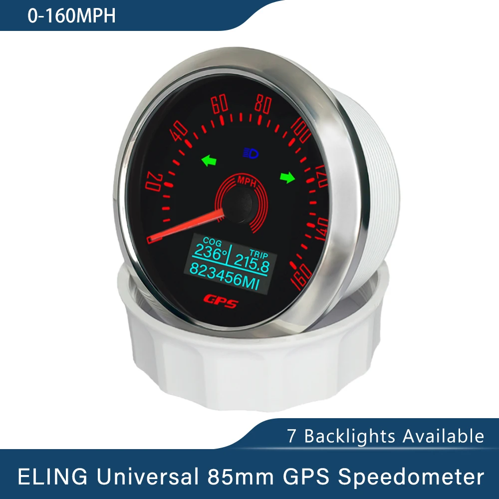

ELING Universal 85mm GPS Speedometer 0-160MPH 200km/h with COG TRIP ODO Left Right Turn Light High Beam with 7 Colors Backlight