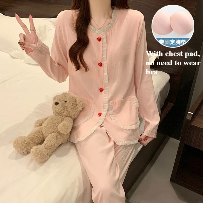 Pajamas Women's Long Sleeves Trousers Pijamas De Mujer with Chest Pads Princess Style Cardigan Popular 100% Cotton Loungewear