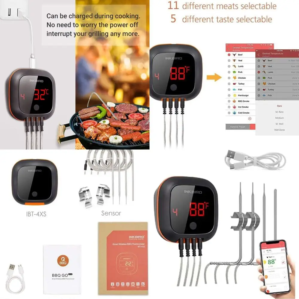 

Wireless Digital Meat Thermometer with 4 Probes, Timer & Alarm, 150ft Range for BBQ, Grill, Oven, and Smoker Cooking