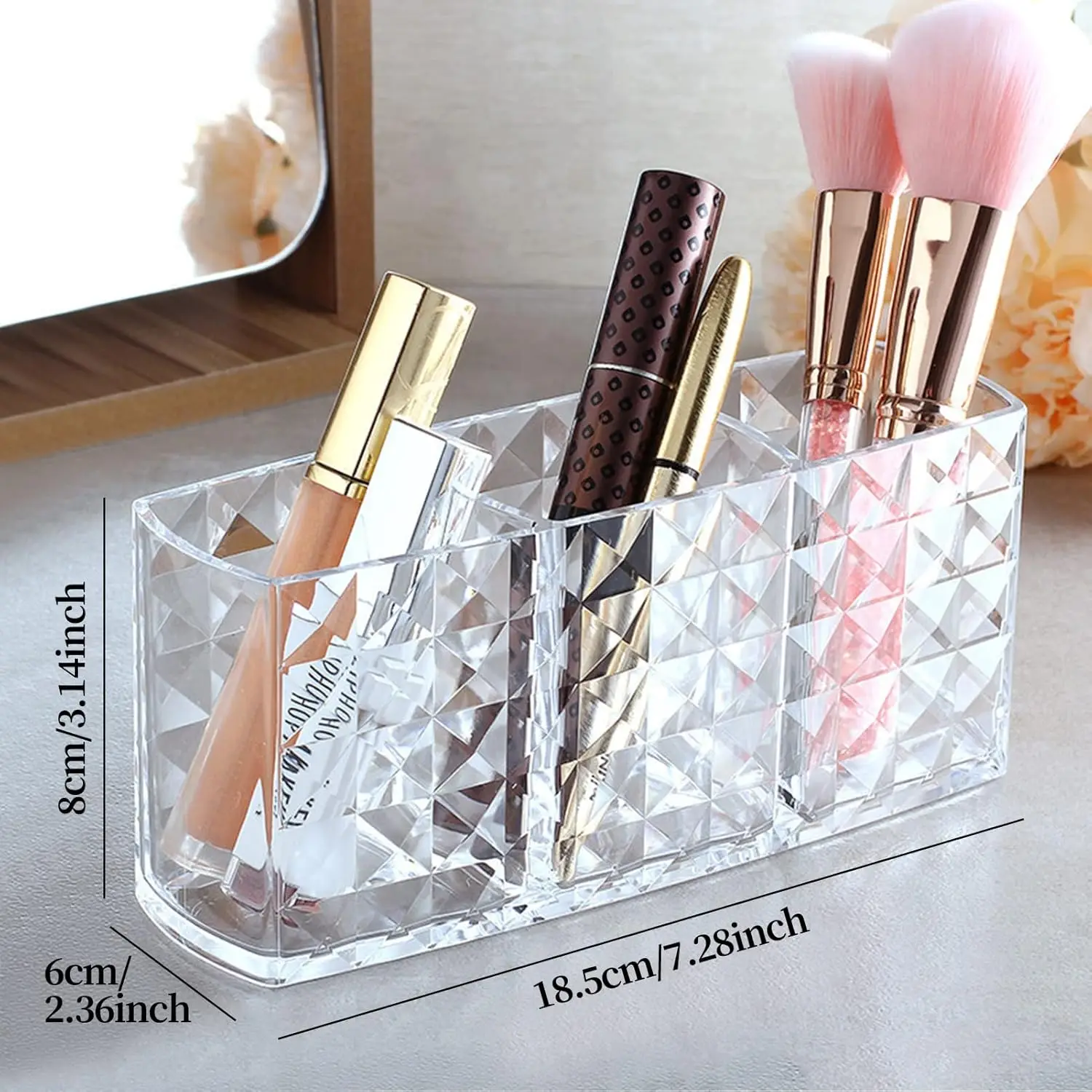 Acrylic Makeup Brushes Holder Pencil Organizer for Desk Storage with Diamond Surface for Cosmetic Eyebrow Pen Lip Gloss Brushes