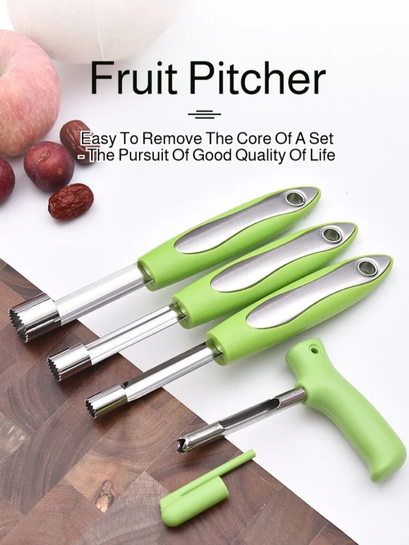 Stainless Steel Fruit Corer Set With Pp Handle. Includes 4 Fruit Corers For Apples, Dates, Hawthorns, Pears, And Cherries
