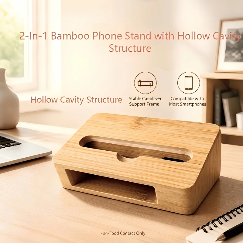 Bamboo Passive Sound Amplifier Phone Stand, Desktop Lazy Cell Phone Holder for Home Office & Cafe Table,Non-Food Contact Solely