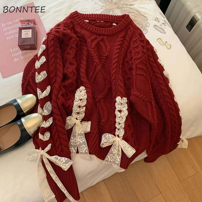 Suéteres rojos elegantes con cordones para mujer, suéteres de punto para niñas dulces, ropa estética elegante, versátil, Otoño e Invierno