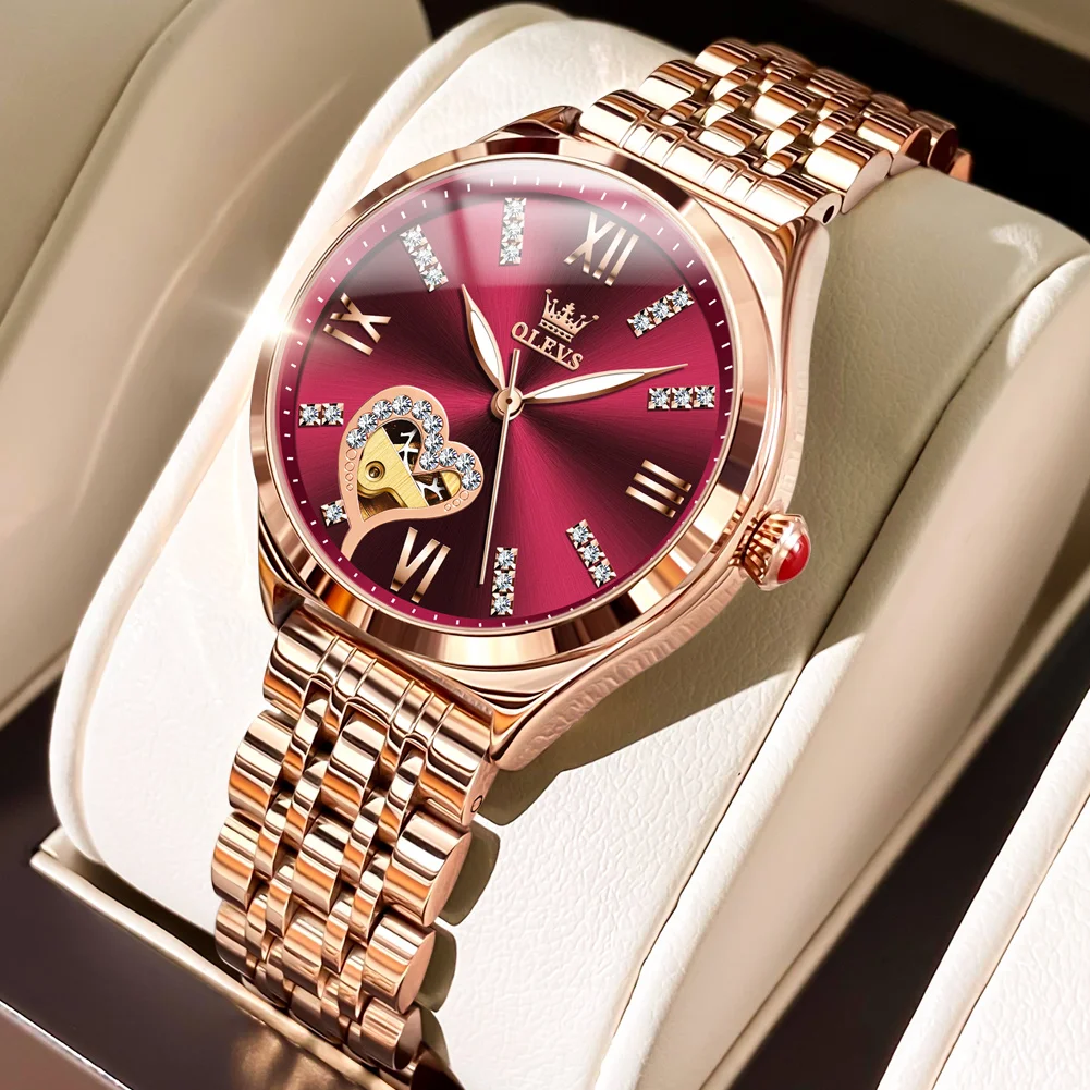 OLEVS Brand Luxury Fashion Red Dial Automatic Mechanical Watches For Women Waterproof Steel Ladies Watch reloj para mujer