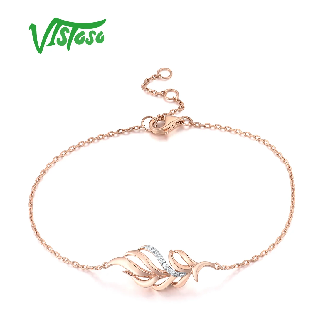 VISTOSO Genuine 14K Rose Gold Bracelet For Women Diamond Leaves Plant Bracelet Adjustable Trendy Party Gifts Fine Jewelry