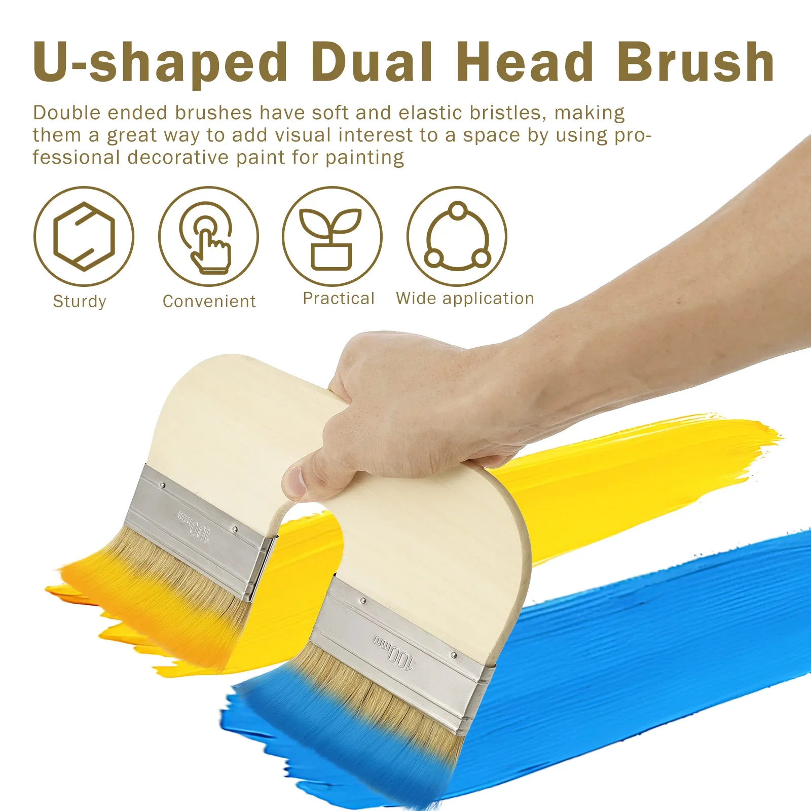 Paint Brush Set U Shape Double Head Paint Brush 4inch Wide Reusable Double Color Paint Brush Art Tool Nylon Brushes for Painting