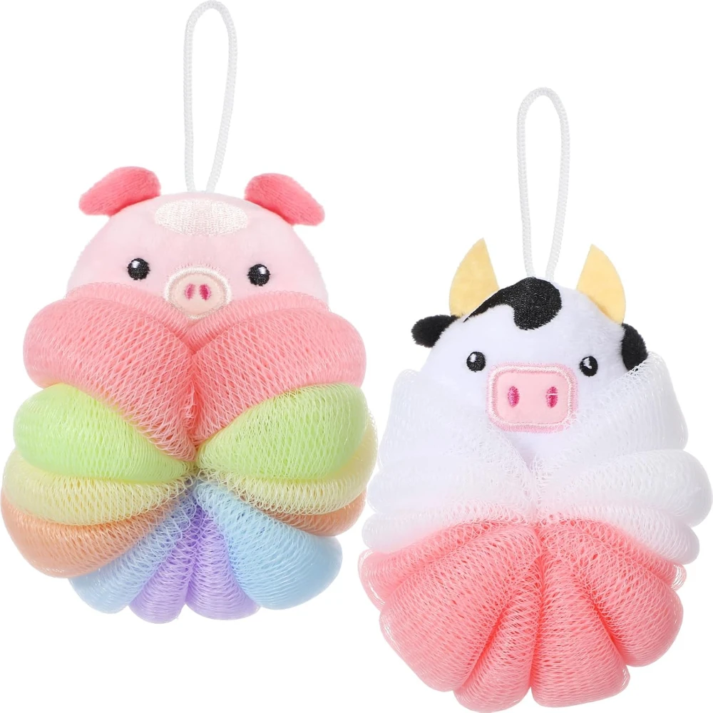 2 Pcs Bath Loofahs, Kids Toddler Cute Cartoon Bath Sponges, Loofah Bath Pouf, Body Scrubber Mesh Loofah Sponges (Animal)