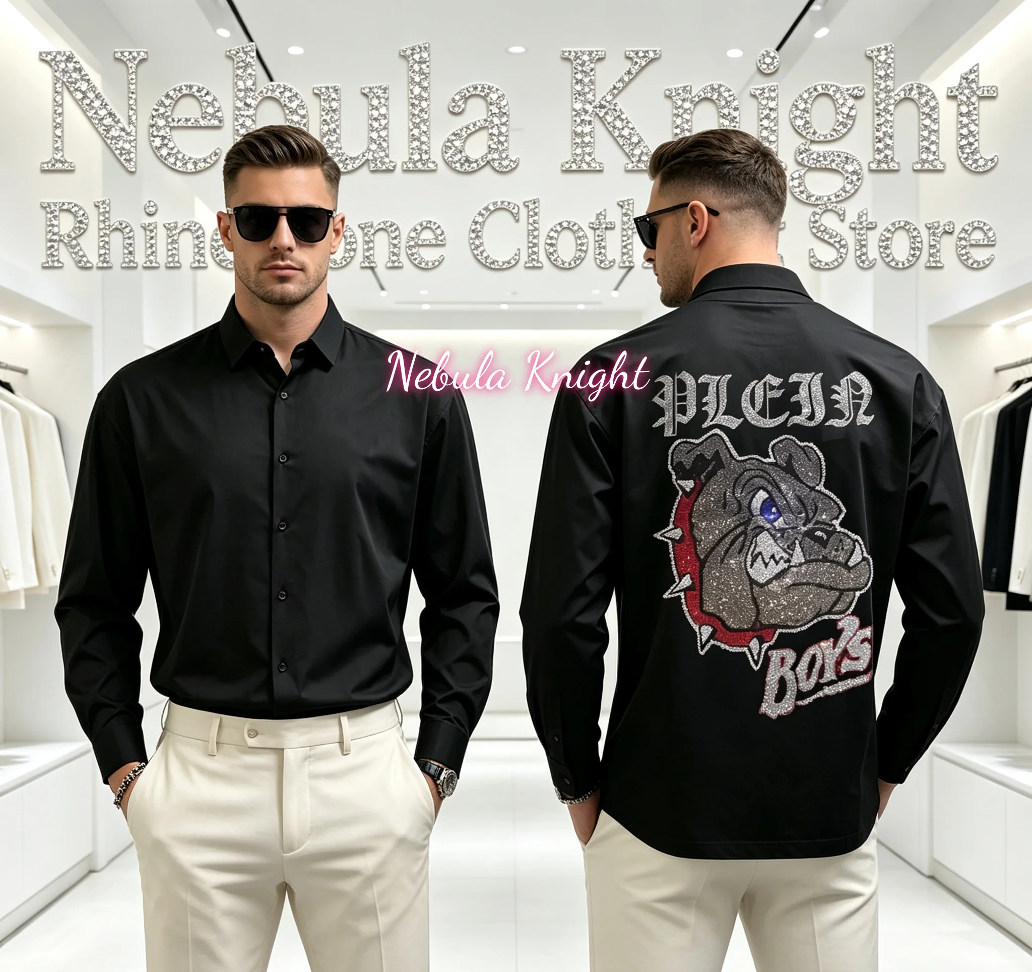 Men's Luxury Black Rhinestone Button down Slim Fit Shirt Long Sleeve Casual Dress Shirt High Street Daily Wear
