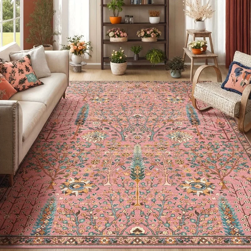 Boho Vintage Tree Floral Flannel Carpet Oriental Botanical Print Non Slip Area Rug Soft Floor Mat for Living Room Home Decor