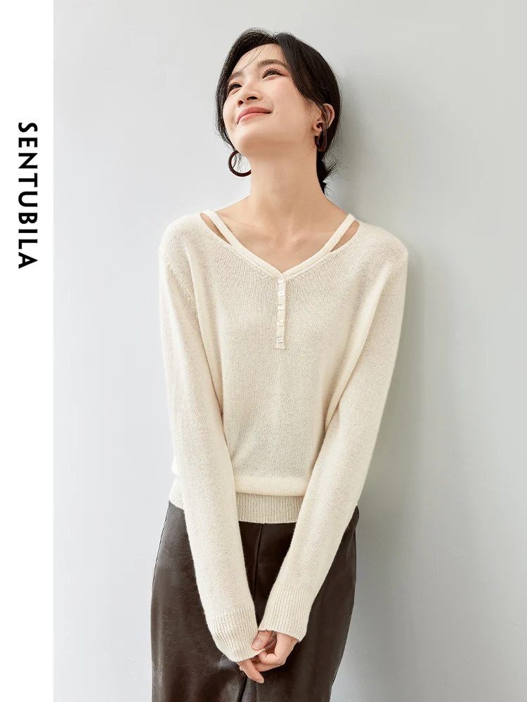 SENTUBILA White Wool Knit Pullovers for Women 2024 Autumn Casual Loose Hollow Out V Neck Comfort Simple Women Sweater W43H56129