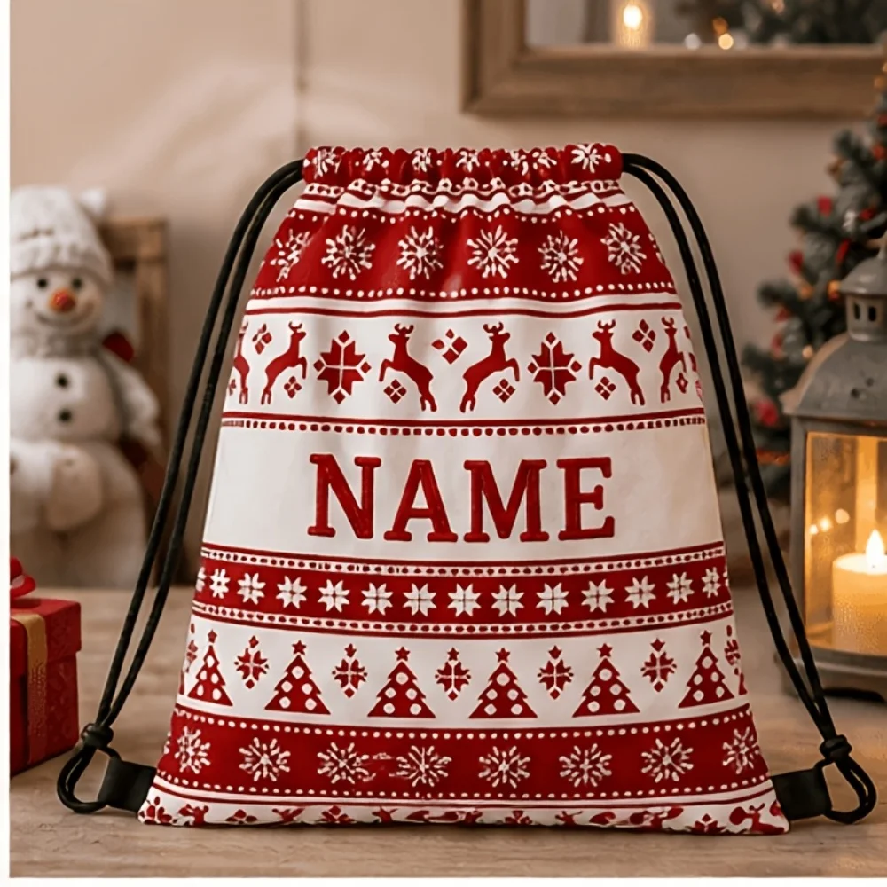 1Pc Custom Name/Text Christmas Imitation Hemp Gift Bag,Xmas Tree Reindeer Design Drawstring Closure Storage Bags,Party Candy Bag