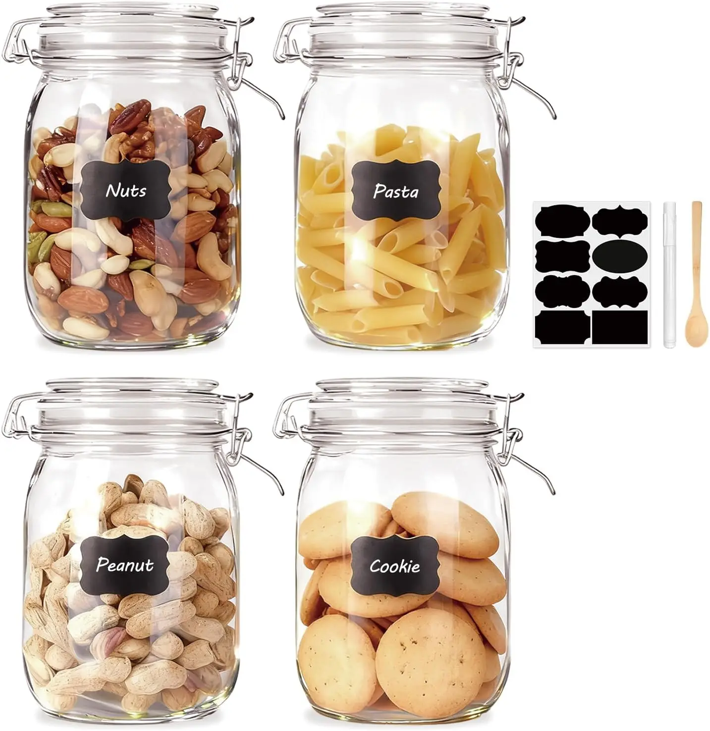 

32oz Airtight Glass Canisters with Hinged Lids, Set of 4 for Cereal, Pasta, Sugar, Beans – Label & Chalk Marker Included