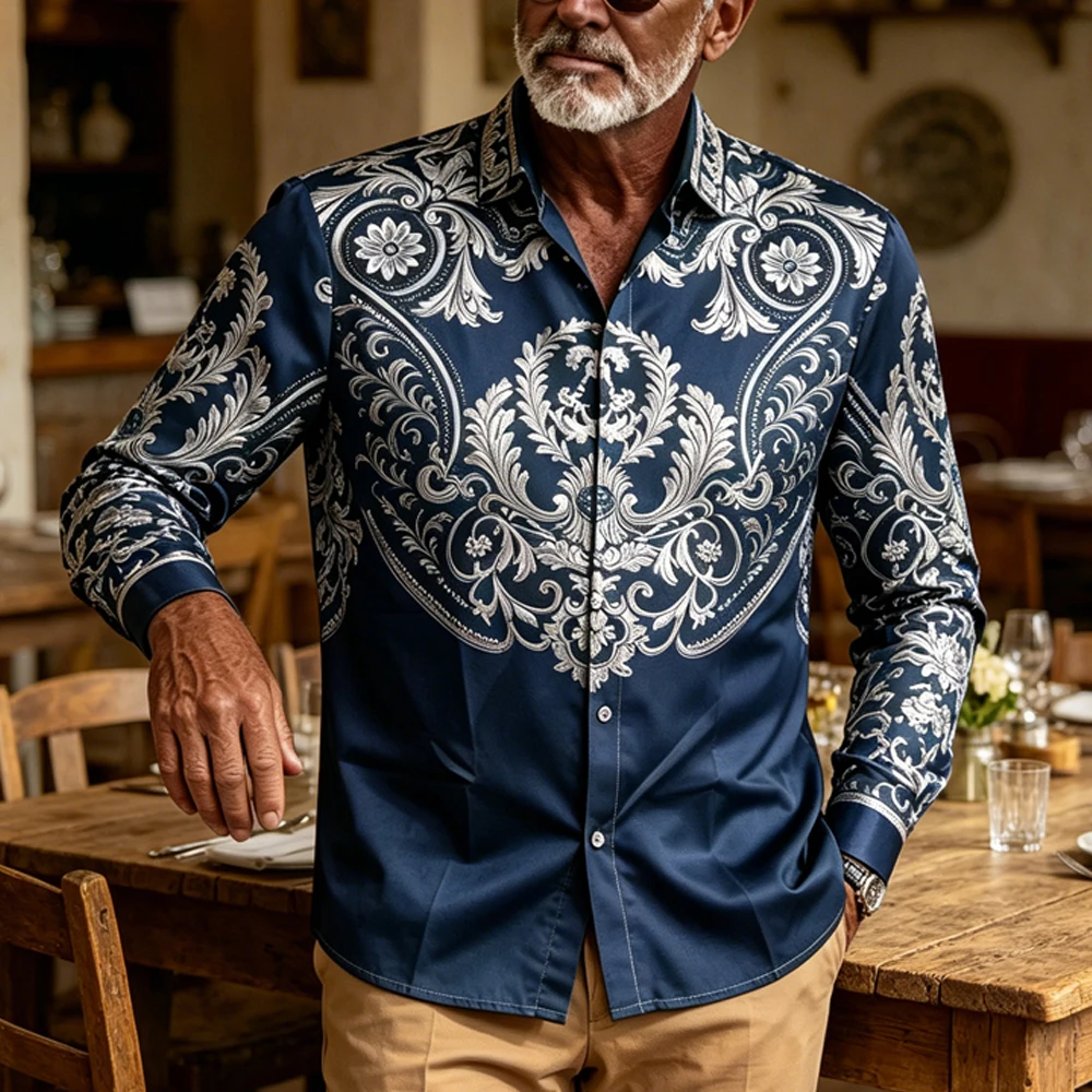 

Men's Summer Fashion Retro Long Sleeve Lapel Shirt Medieval Pattern 3D Printed Shirt Hawaiian Vacation Casual Social Men's Top