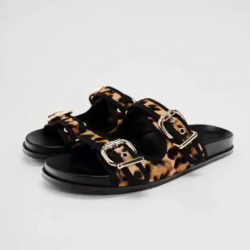 TRAF Leopard Print Upper Flatform Slippers Round Head Open Toe Metal Buckle Slippers New Comfortable Flat Sandals For Woman