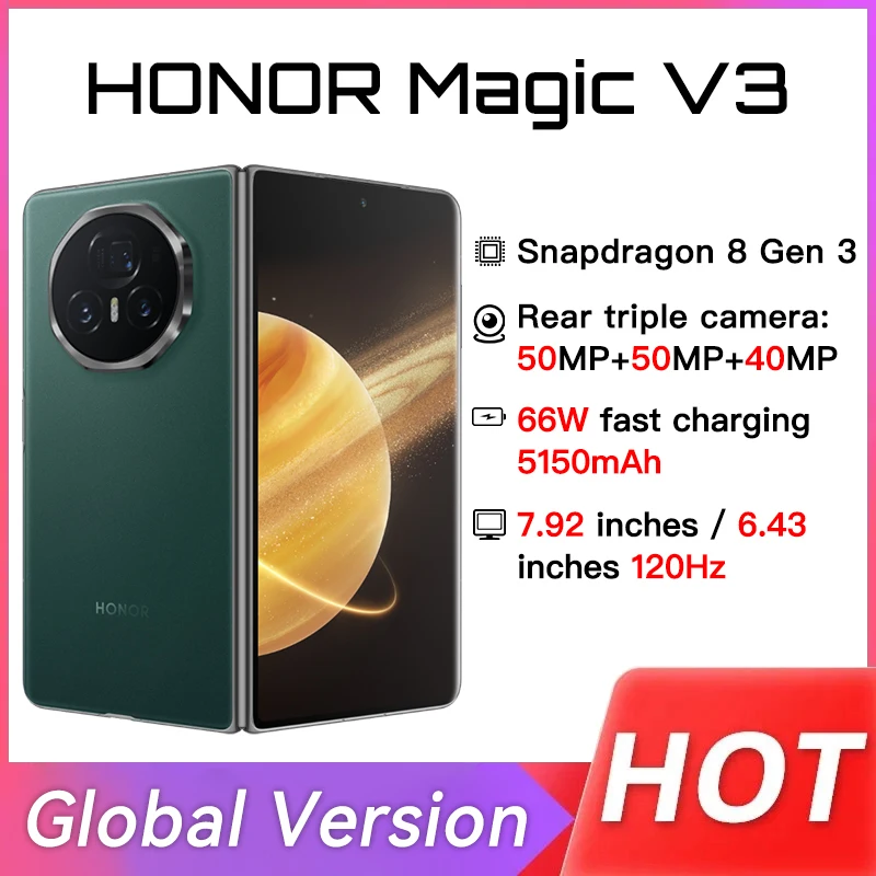 Honor Magic V3 Global Version 5G Telefoon Opvouwbaar LTPO 7,92" OLED 120Hz Display 5150mAh 66W 50MP Achteruitrijcamera's Snapdragon 8 Gen 3