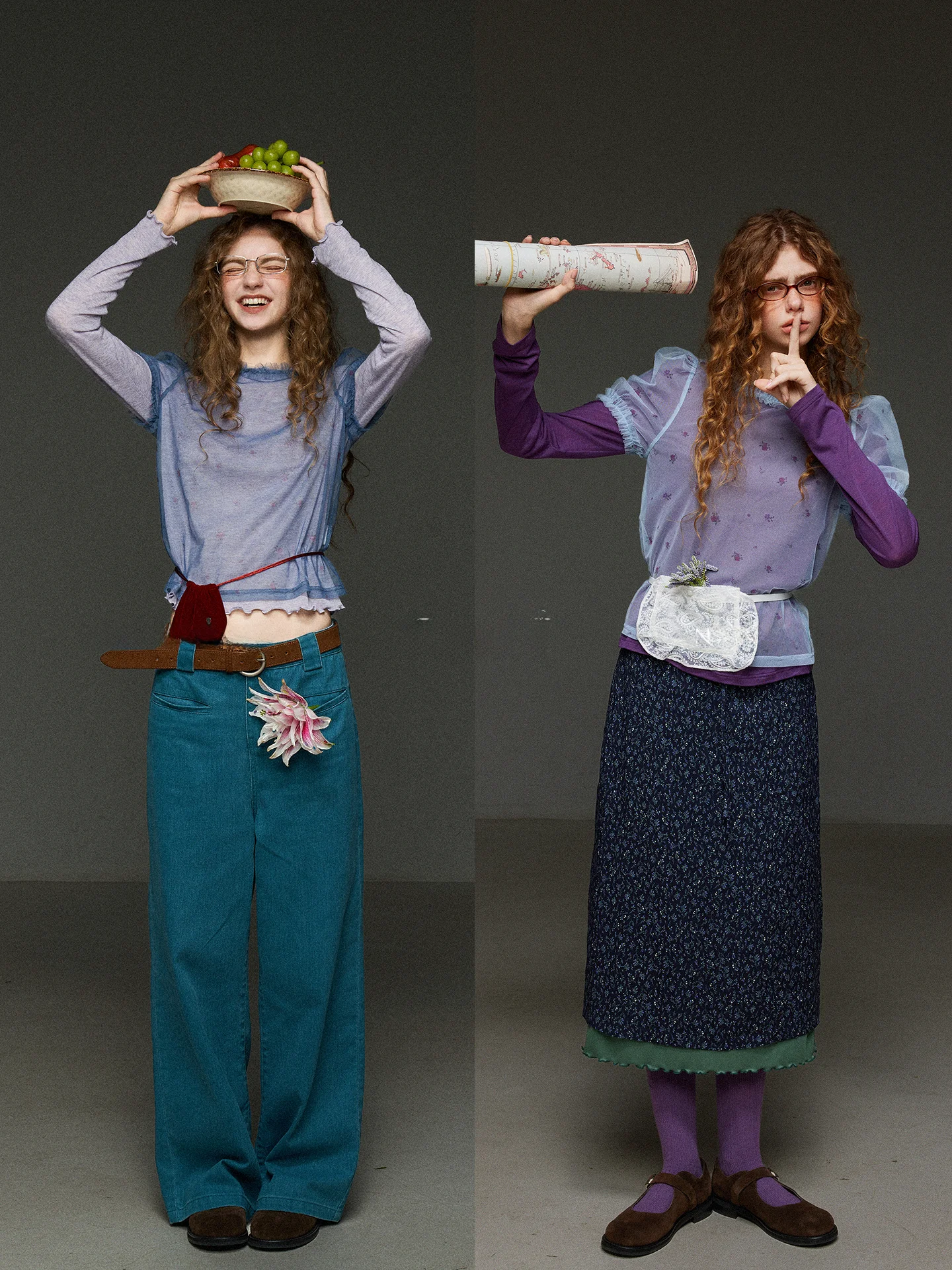 

TNIT Lace Bubble Sleeve Mesh See through Short Sleeve T-Shirt Women Spring Gentle Design round Neck Ruffle Hem Chiffon Shirt