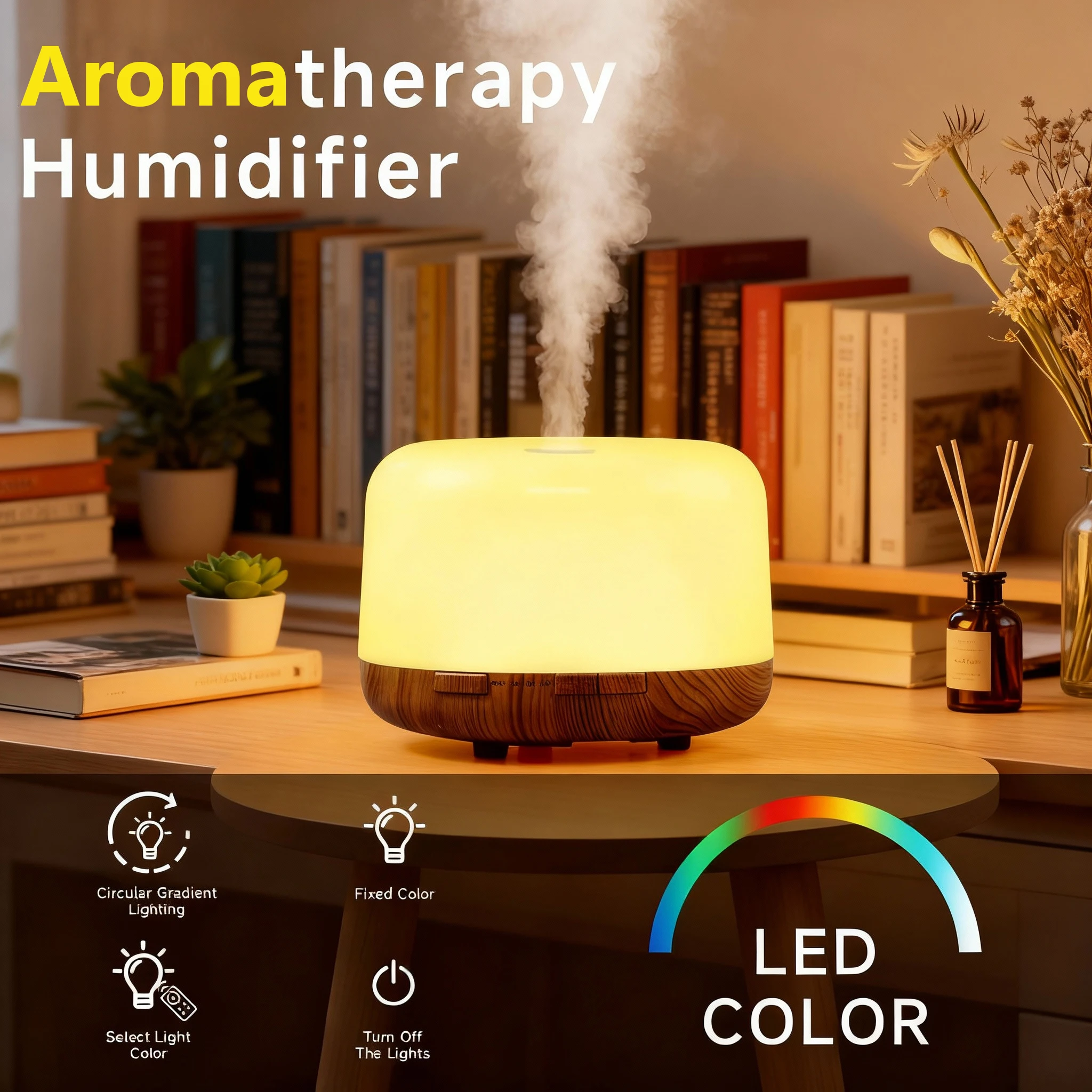 500ml Ultrasonic Air Humidifier Bedroom Aroma Diffuser with Remote Control, Auto-off and 7 Colors Light Bedside Table Light