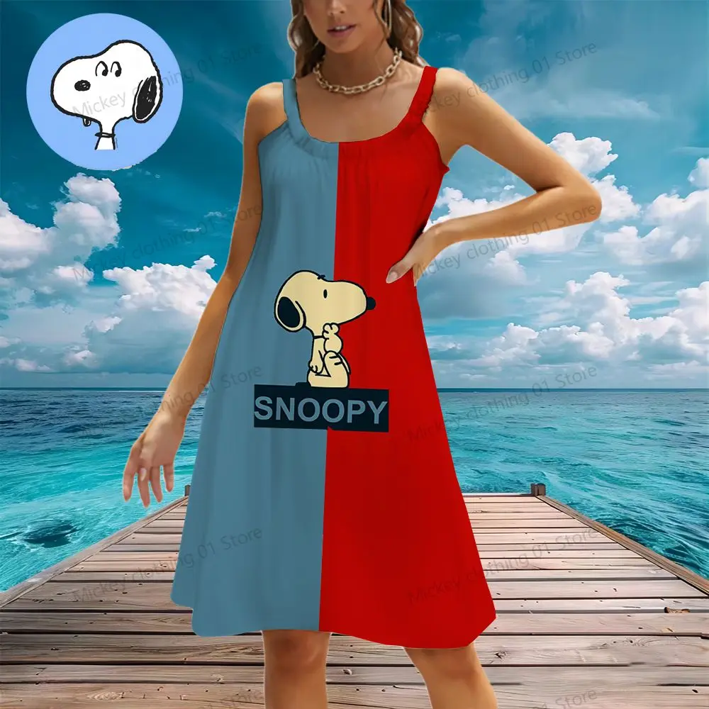 Women's Beach Dresses Snoopy Kawaii 2024 Summer Youthful Woman Clothes Y2k Anime Sanrio Leisure Elegant Chic Dress Boho Sling