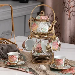 20 Pieces Porcelain Tea Set with Metal Holder European Ceramic Tea Set for Adults Flower Tea Set for Women with Floral