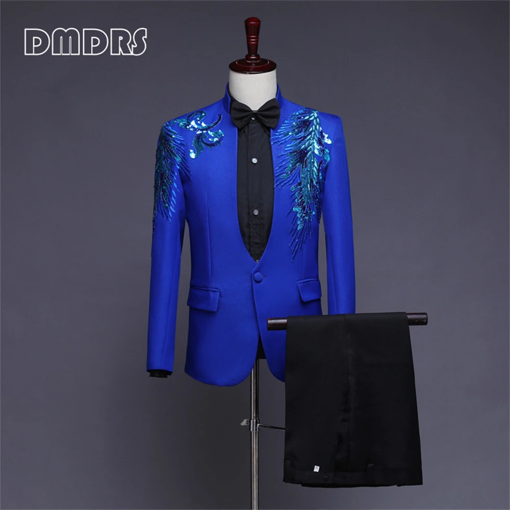 Conjunto de traje con lentejuelas y cuello tipo chal para hombre, esmoquin de 2 piezas con patrón de plumas, chaqueta, pantalones, disfraces de actuación, ropa de vestir