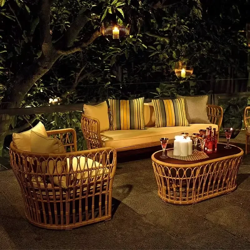 Premium Modern Rattan Three Seat Outdoor Sofa Set Waterproof Sunproof Lounge for Gardens Patios Living Room Courtyard Leisure