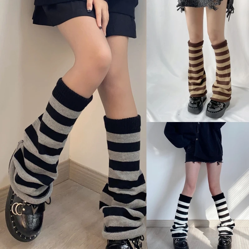 Women Gothic Ribbed Knit Leg Warmers Colorblock Striped Flare Foot Cover Socks Drop shipping