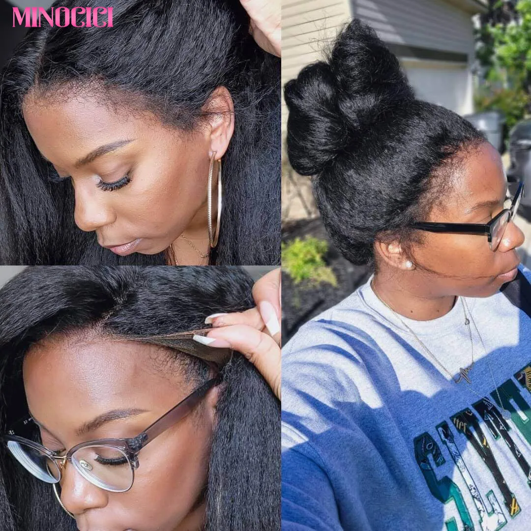 

Kinky Straight Human Hair Wig 200% Density 360 HD Lace Front Wigs Human Hair Hidden Strap Human Hair Wig For Women Natural Black