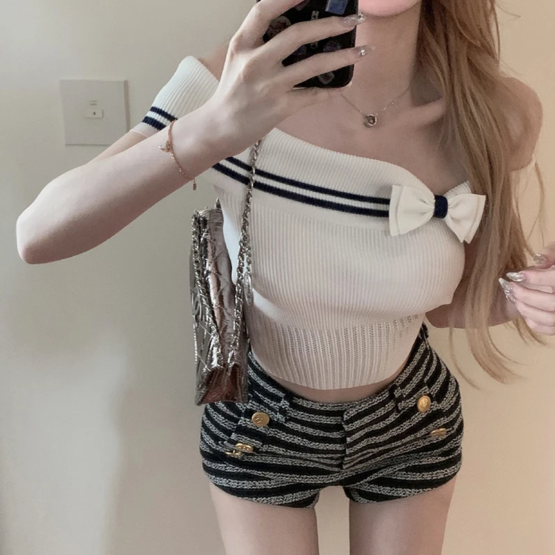 Korean Bow Knit Knitted Short Sleeve Women Korean Fashion Stripe One Shoulder Female Tops Sexy Slim Crop Top 2000S Aesthetic