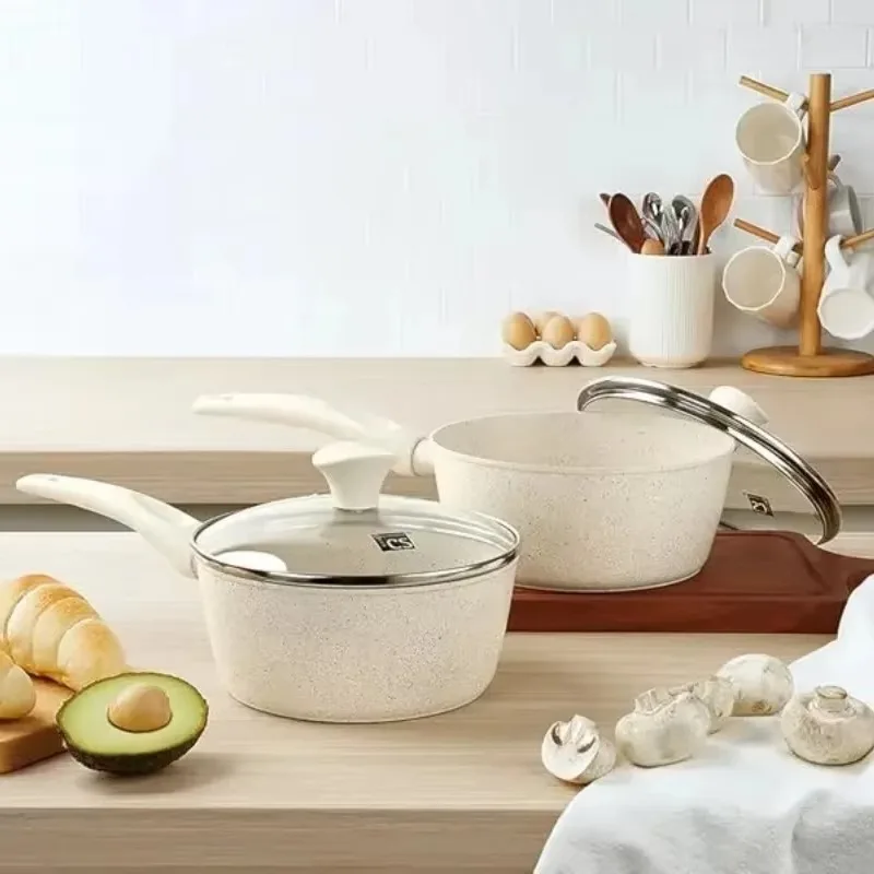 Cacerola antiadherente con tapa, olla para sopa de cocina, utensilios de cocina, olla gruesa antiadherente para fideos de leche de mármol blanco, fácil de limpiar