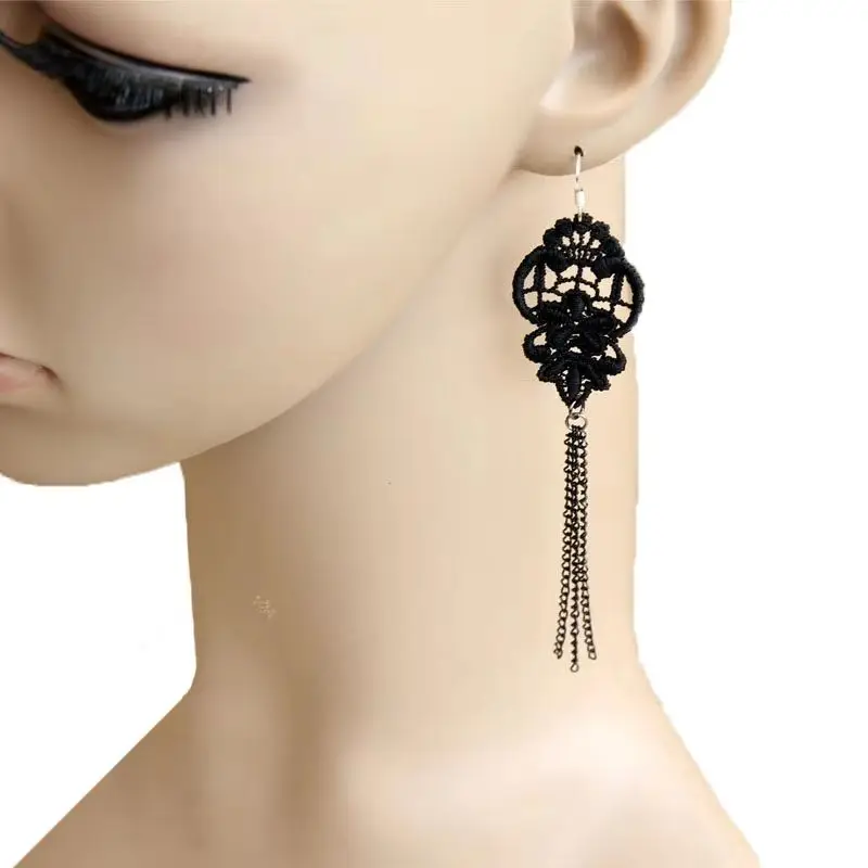 Womens Black Flower Cutout Knitted Lace Metal Chain Tassel Drop Dangle Earrings Sexy Handmade Gothic Lolita Fashion Ear Jewelry