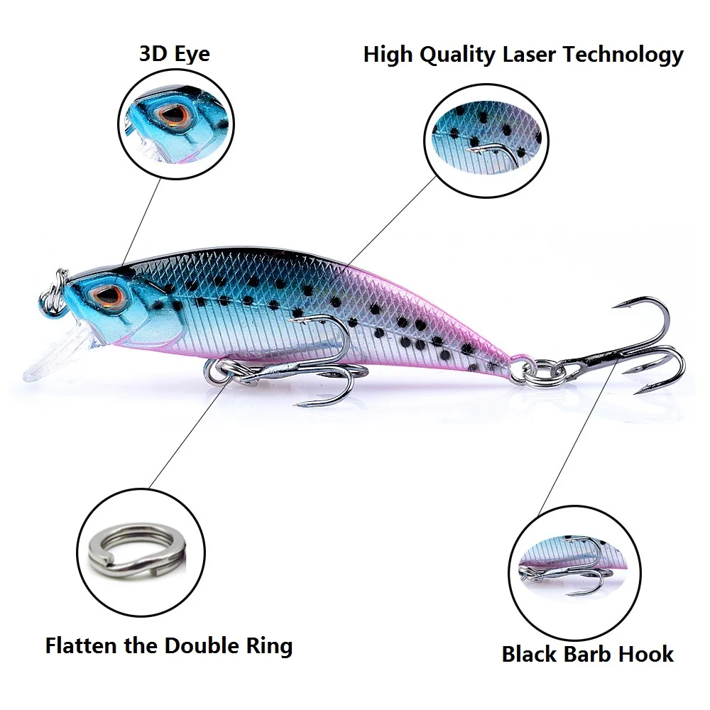 1Pcs Colorful Fishing Lure 5g/5cm Sinking Minnow 3D Eyes Laser Trolling Plastic Buzz Bait Lure With 2 Treble Hook Pesca