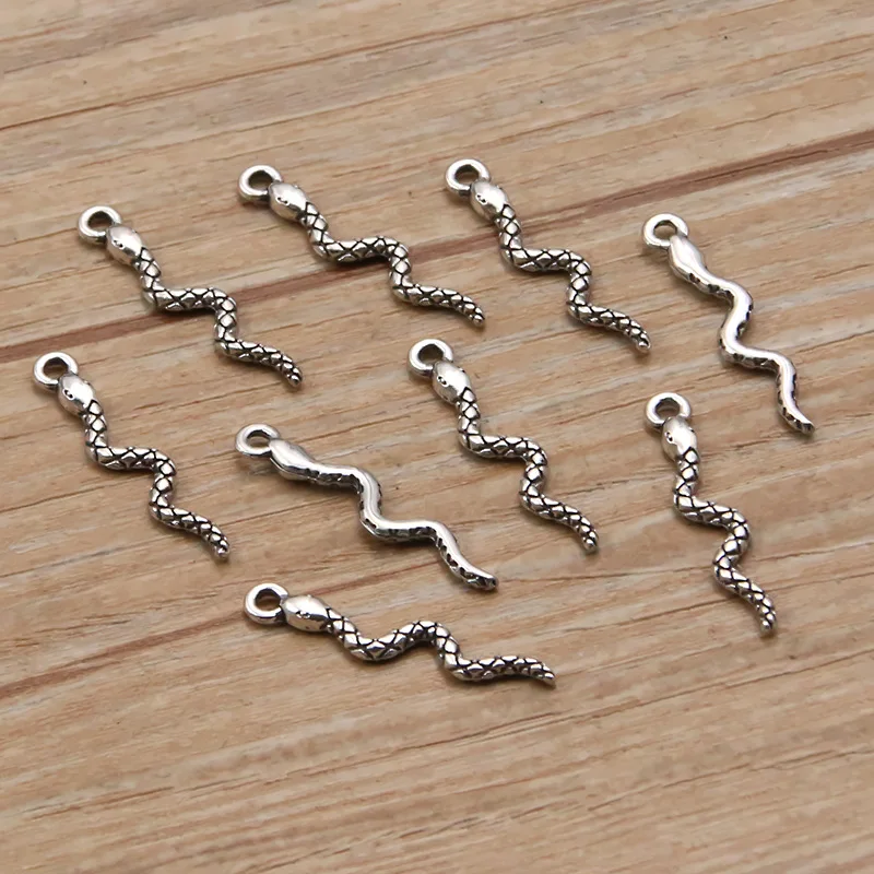 60Pcs 4*23MM Plated Wholesale Small Snake Pendant DIY Animal Charm Necklace Bracelet Jewelry Crafts Making