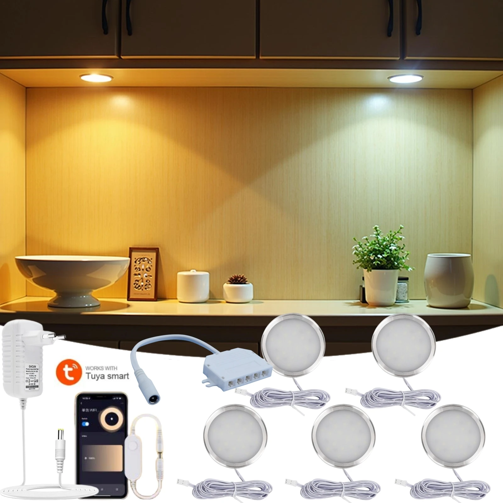 Tuya WIFI Bluetooth Smart LED Under Cabinet Lighting 12V 5W Dimmable Puck Lights Full Kit For Kitchen Closet Wardrobe Bedroom