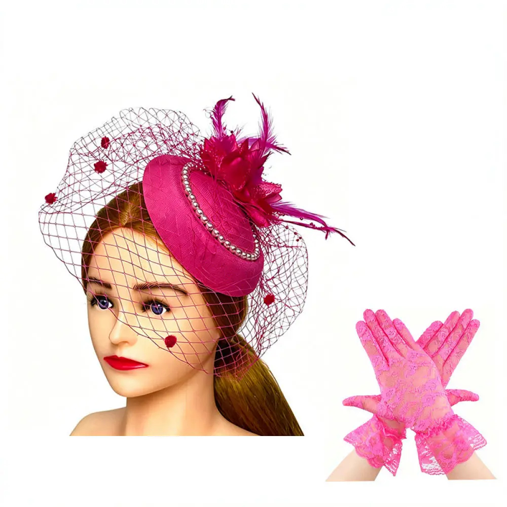 Classic Feather Fascinator Hat Lace Gloves Accessory Elegant Women Headpiece For Retro Party Performance Decor