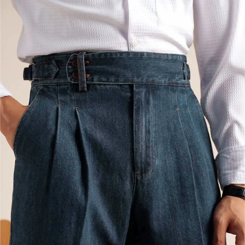 

Naples Loose Washed High Grade Business Pant Men Dress Trouser High Quality Cotton Blend Double Pleated Jeans Straight Leg Pant