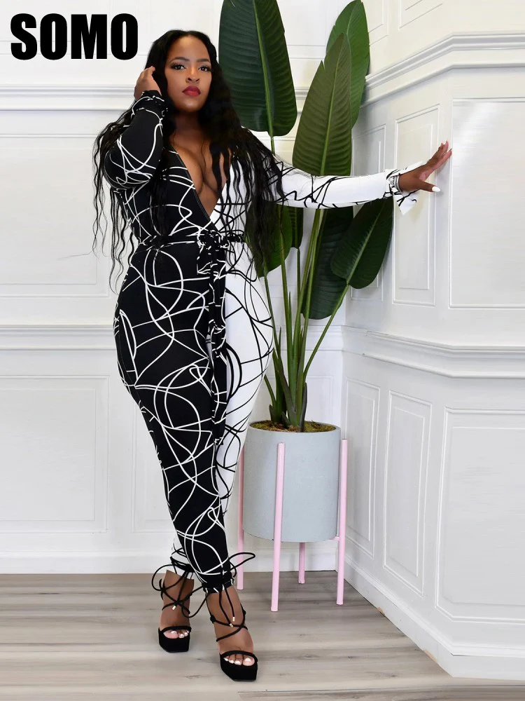 SOMO Plus Size Women Fashion New Printing Jumpsuit V-Neck Long Sleeve Higt Waist Causal Slim Jumpsuit Wholesale Dropshipping