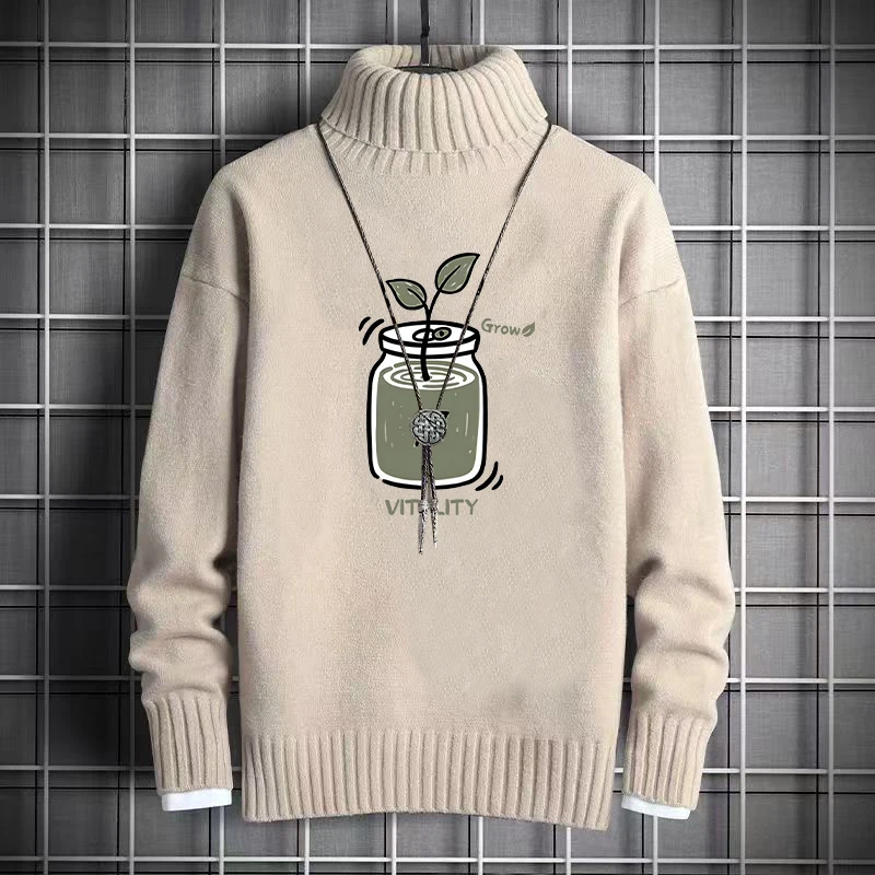 

Thiened Fce High Collar Men's Sweater Casual Print Overhead Hoodie Autumn Winter Trendy Youth Versatile Faionable Knit...