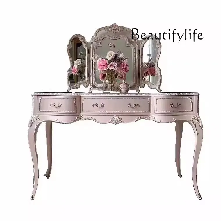 

French Entry Lux Pink Dressing Table European Retro Distressed Solid Wood Carved Dressing Table Dressing Stool Combination