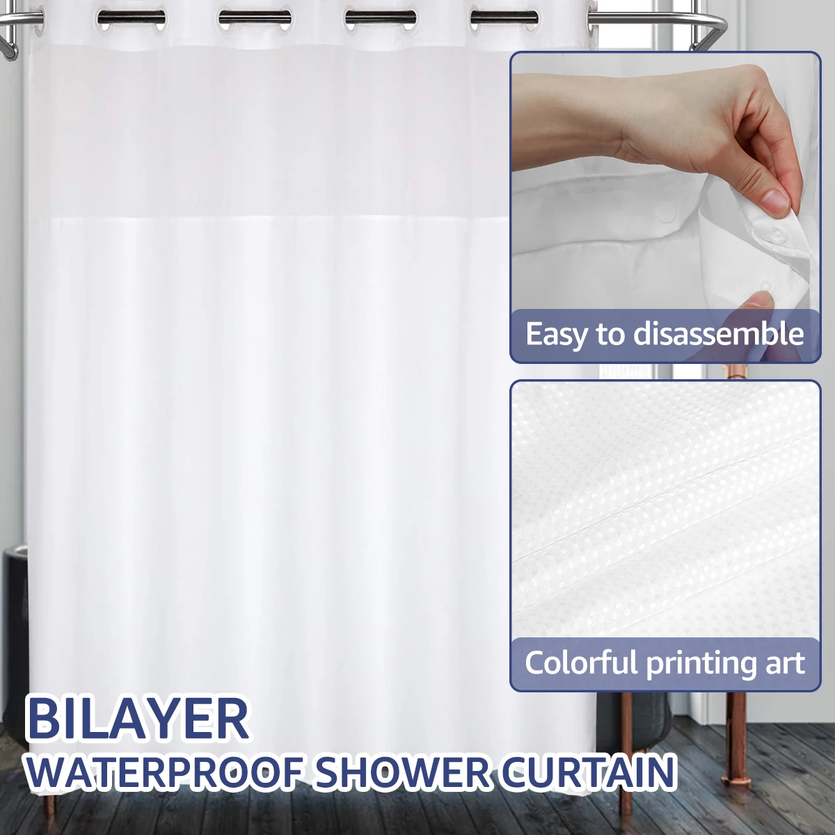 Waterproof Bathroom Curtains with Snap-in Liner Washable Bath Curtains Decorative Hook Free Shower Curtain for Home Dorm Hotel