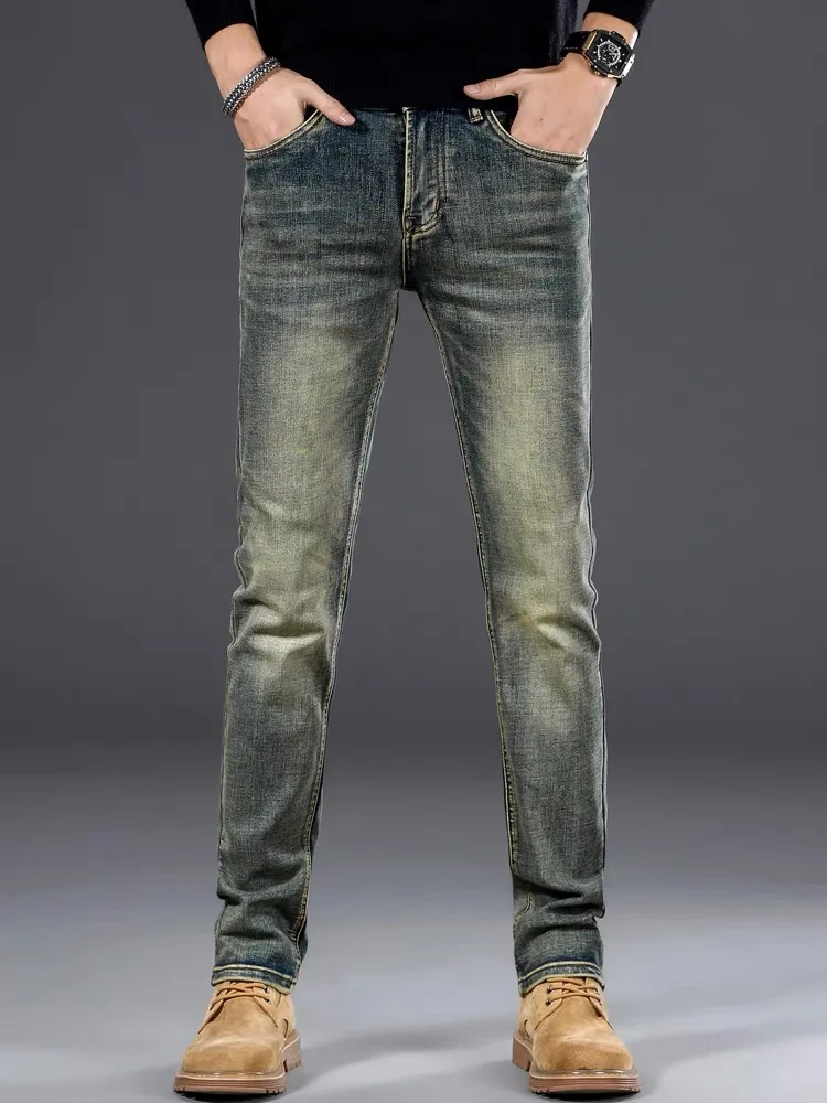 

Trendy High-End Men's Jeans Slim Fit Straight Leg Retro Sle Elastic Waist Casual Long Pants Autumn Collection Youth Faion
