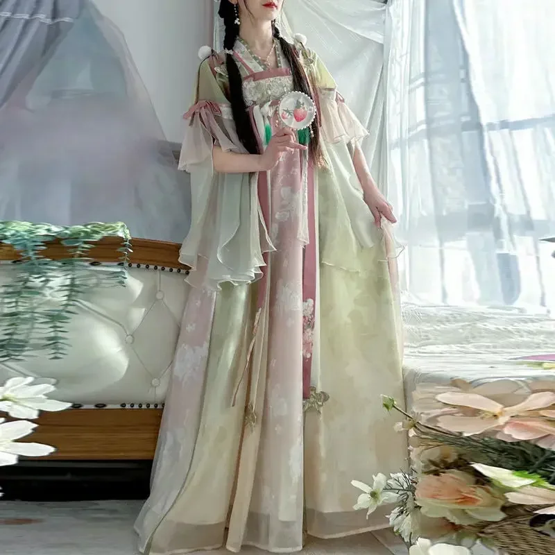 2023 Tang Hanfu เสื้อเชิ้ตหน้าอกเต็มทันสมัยปรับปรุงใหม่กระโปรงขาดพิมพ์ลายปักสำหรับห้องชุดฤดูร้อนและฤดูใบไม้ผลิ Hanfu