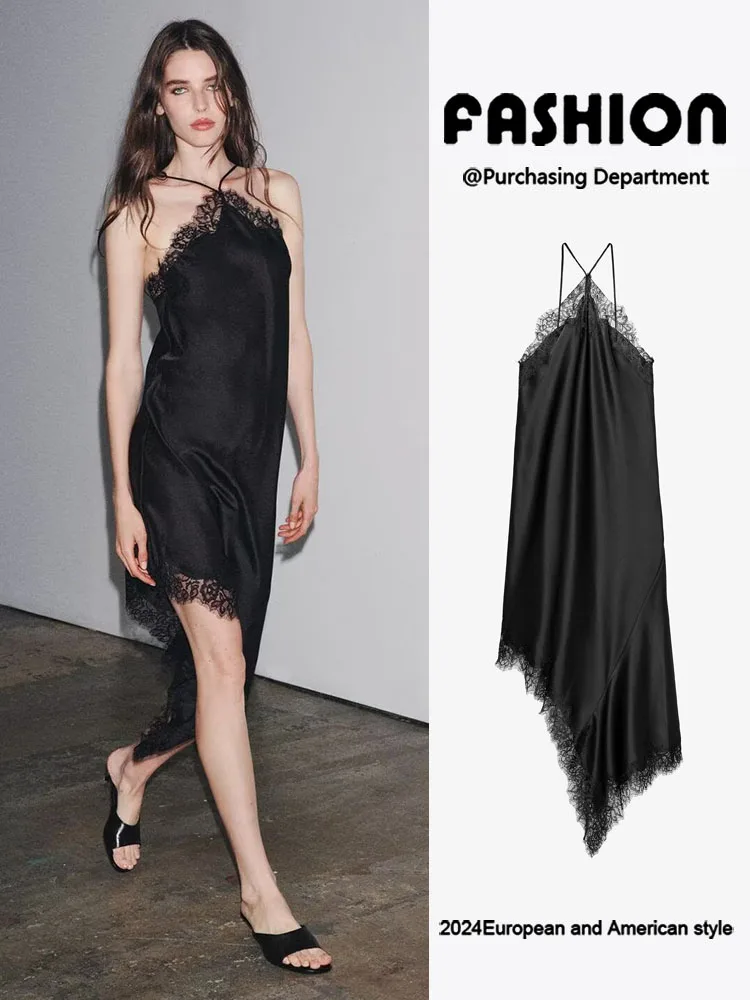 

Sexy Bal Lace Trim Silk Satin Dr ZA2025 Summer New Women's Faionable Mid-length Ball Gown High Waist Svel