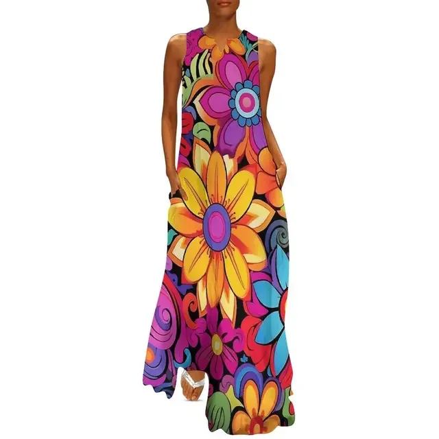 Flower Power Women Dress Summer Retro Floral Print Street Wear Bohemia Long Dress Womens Sleeveless Sexy Maxi Dress Big Size 3XL