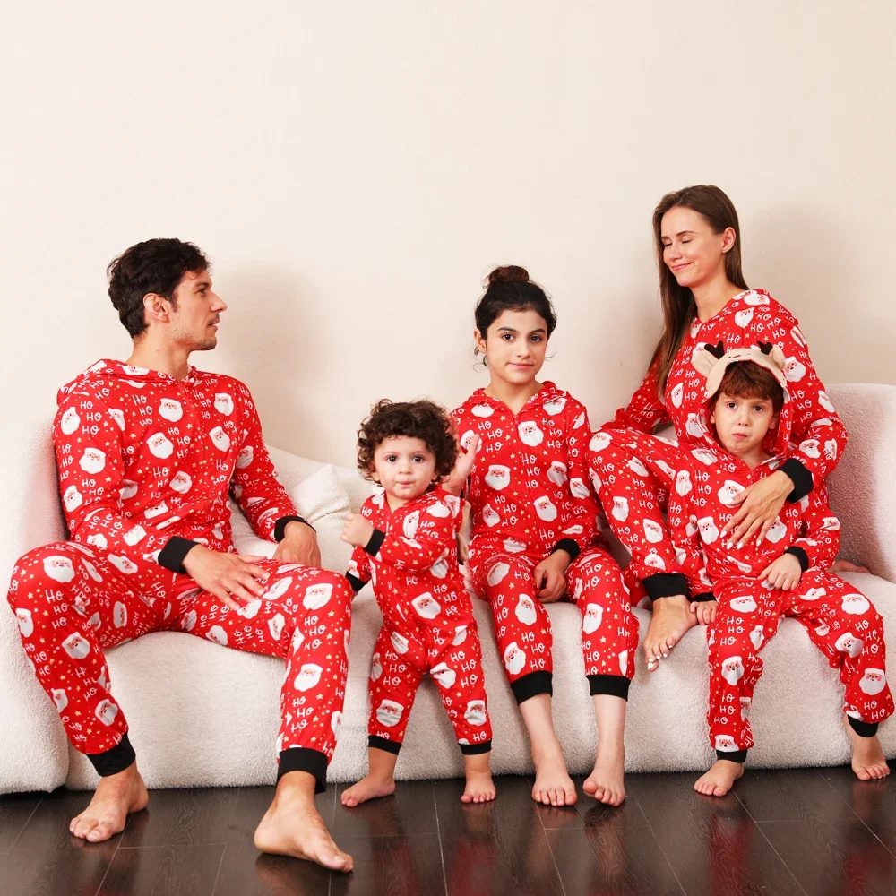 

Family Christmas Onesie Pajamas 2025 New Mom Dad Kids Matching Outfits Cute Elk Print Hooded Jumpsuit Pajamas Xmas Look Wear