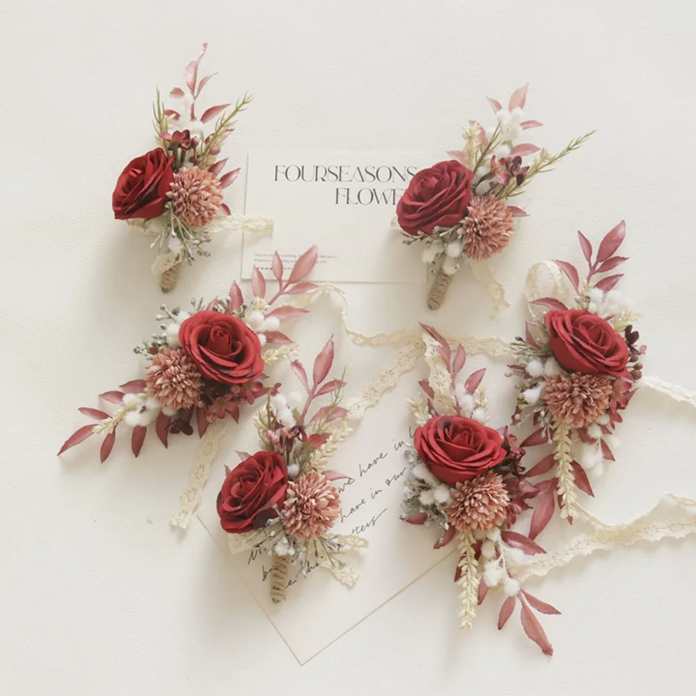 

Wrist Corsage and Boutonniere Wedding Accessories Artificial Rose Wedding Bride Ornaments Groom Buttonhole Handmade