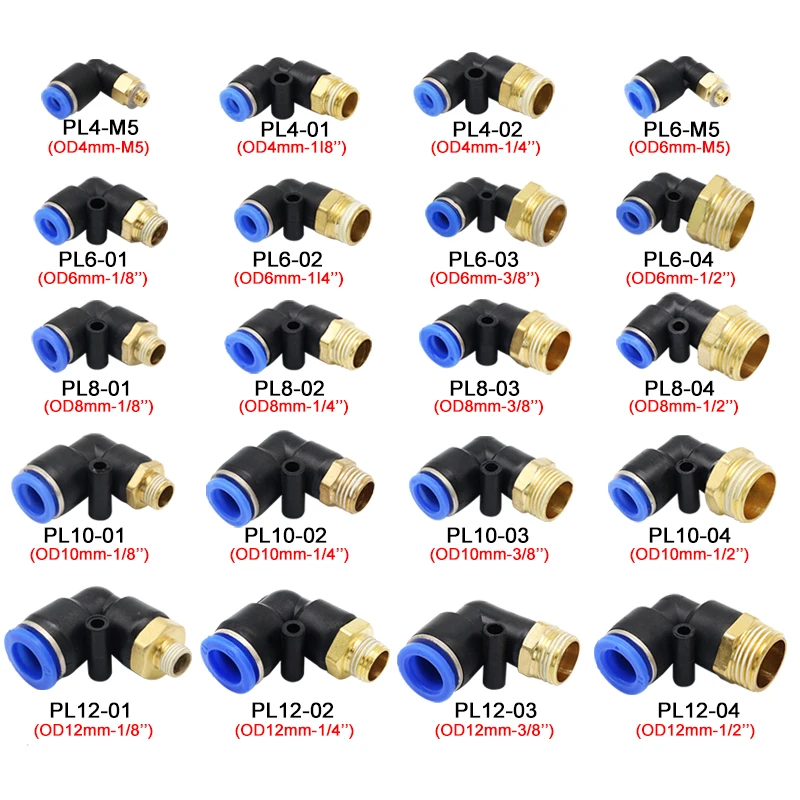 Pneumatic Air Connector Mangueira, Quick Connector, Trachea Cotovelo, PL 4, 6, 8, 10, 12mm Rosca, 1/8 pol, 1/4 pol, 3/8 pol, 1/2 pol, 20 PCs, 50