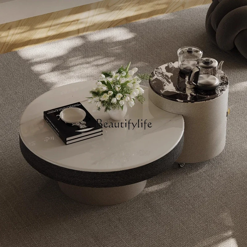 

Ljy Italian minimalist marble coffee table combination kettle integrated round movable small tea table tea table living househo