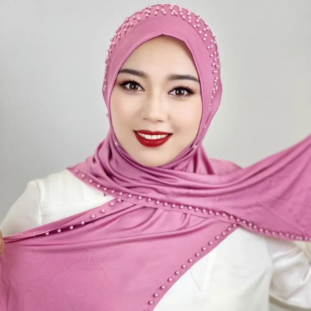 

Simple Beaded Muslim Hijab Full Cover Elastic Turkish Head Wrap Scarf Solid Color Soft Arabic Hijab Hats Girls