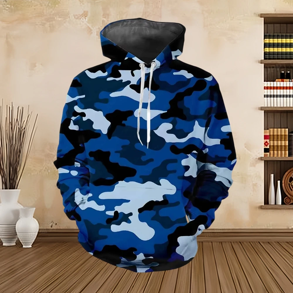 Men\'s Hoodie Militarily Printed Camouflage Patterns Digital Printing Casual Kangaroo Pocket Long Sleeved Hooded Men\'s Clothing