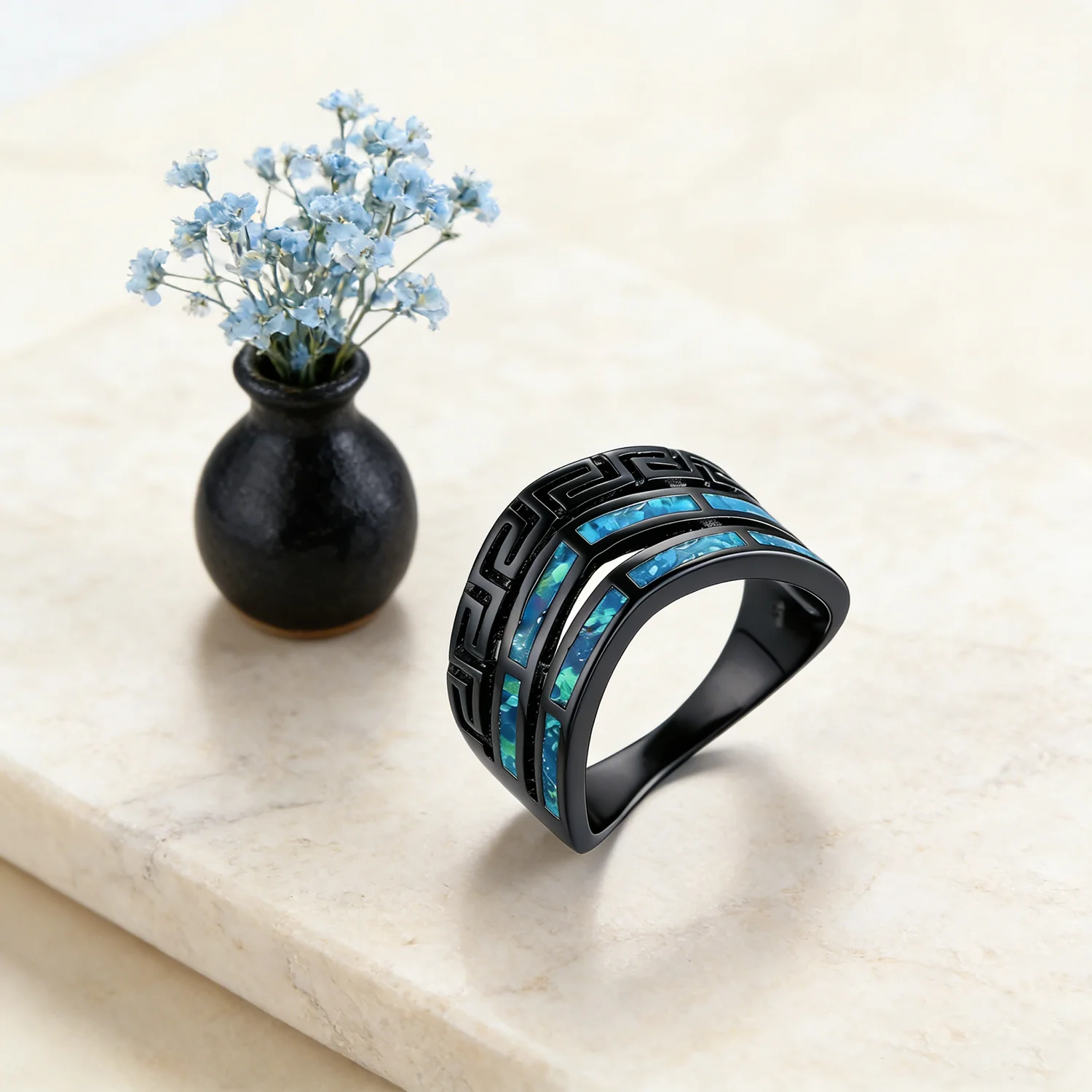 Blue Opal Ring for Women, Luxury Jewelry with Geometric Design, Multicolor Gemstone Gift for Her,Trendy 2025 Gothic Accessories